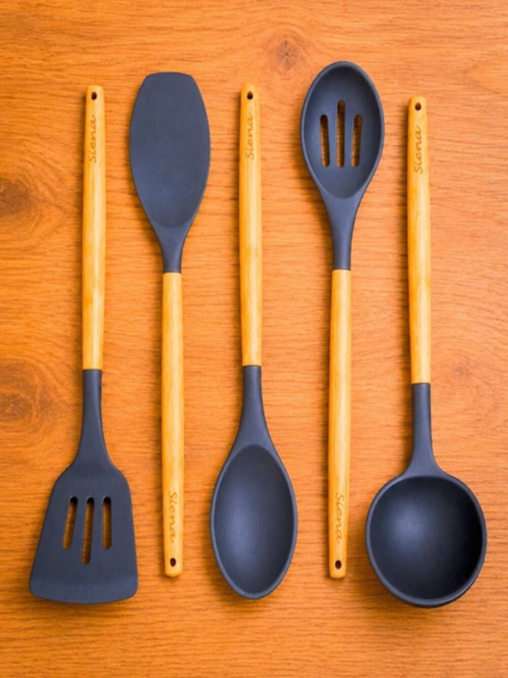 Kitchen Utensils Set of 5 Food Grade Silicone with Bamboo Handles